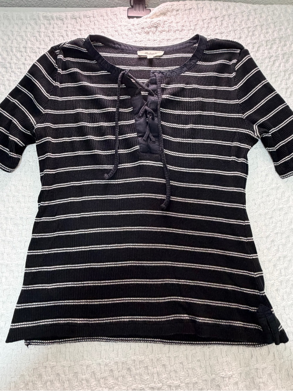 Madewell Black and White Striped Lace-Up Short Sleeve Top